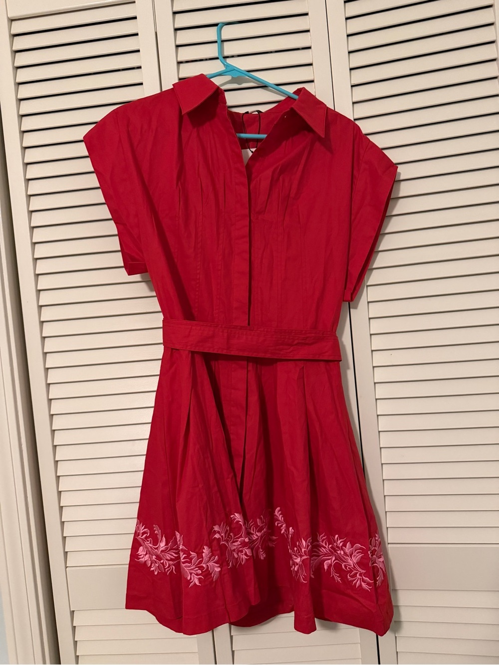 Red Collared Dress with Embroidered Hem